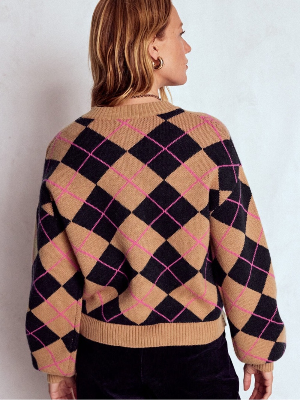 Boden Abi Jacquard Wool Alpaca Cardigan Collegiate Camel Navy Argyle Size XL - Picture 4 of 12